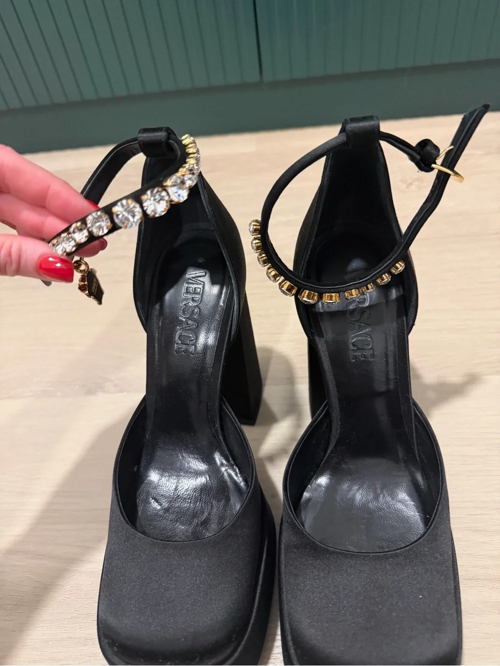 Versace Medusa Black Satin Platform Block Heel Sandals with Crystal Ankle Strap